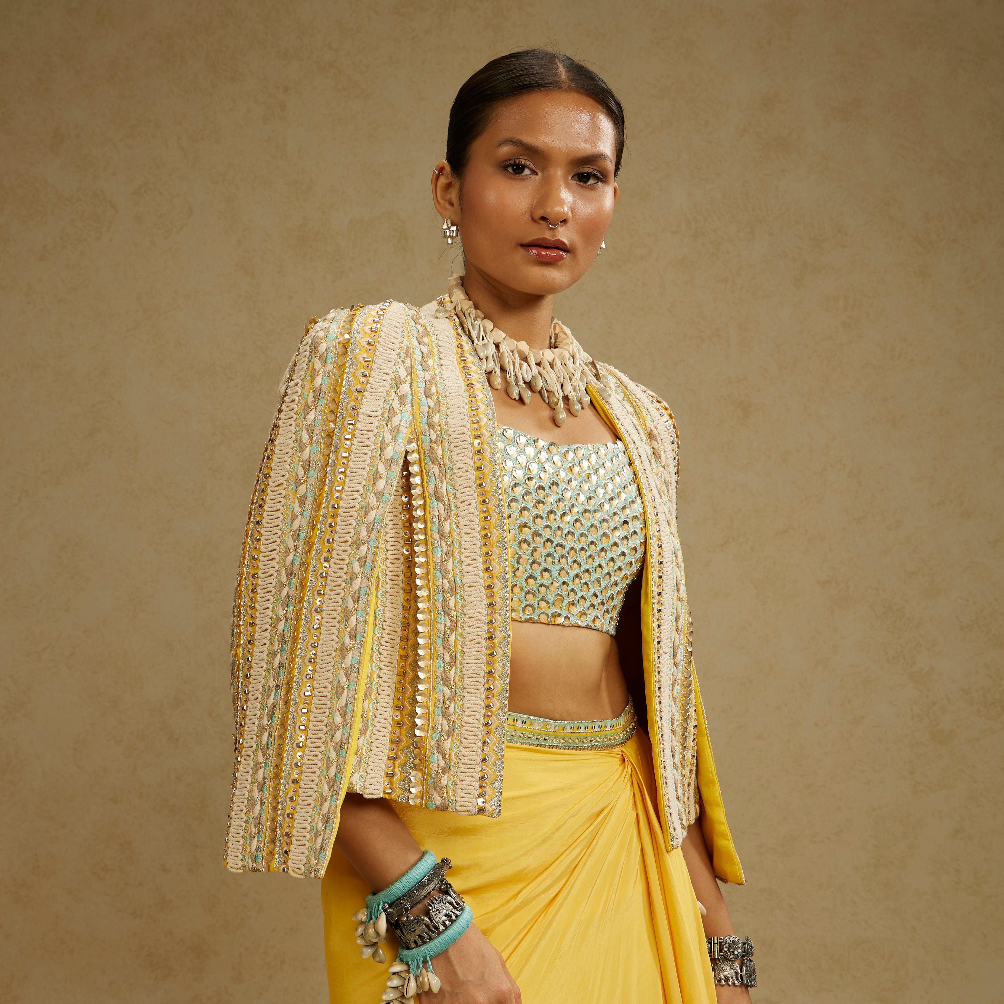 Dandelion Yellow Embellished Jacket with Bustier and High-Slit Skirt