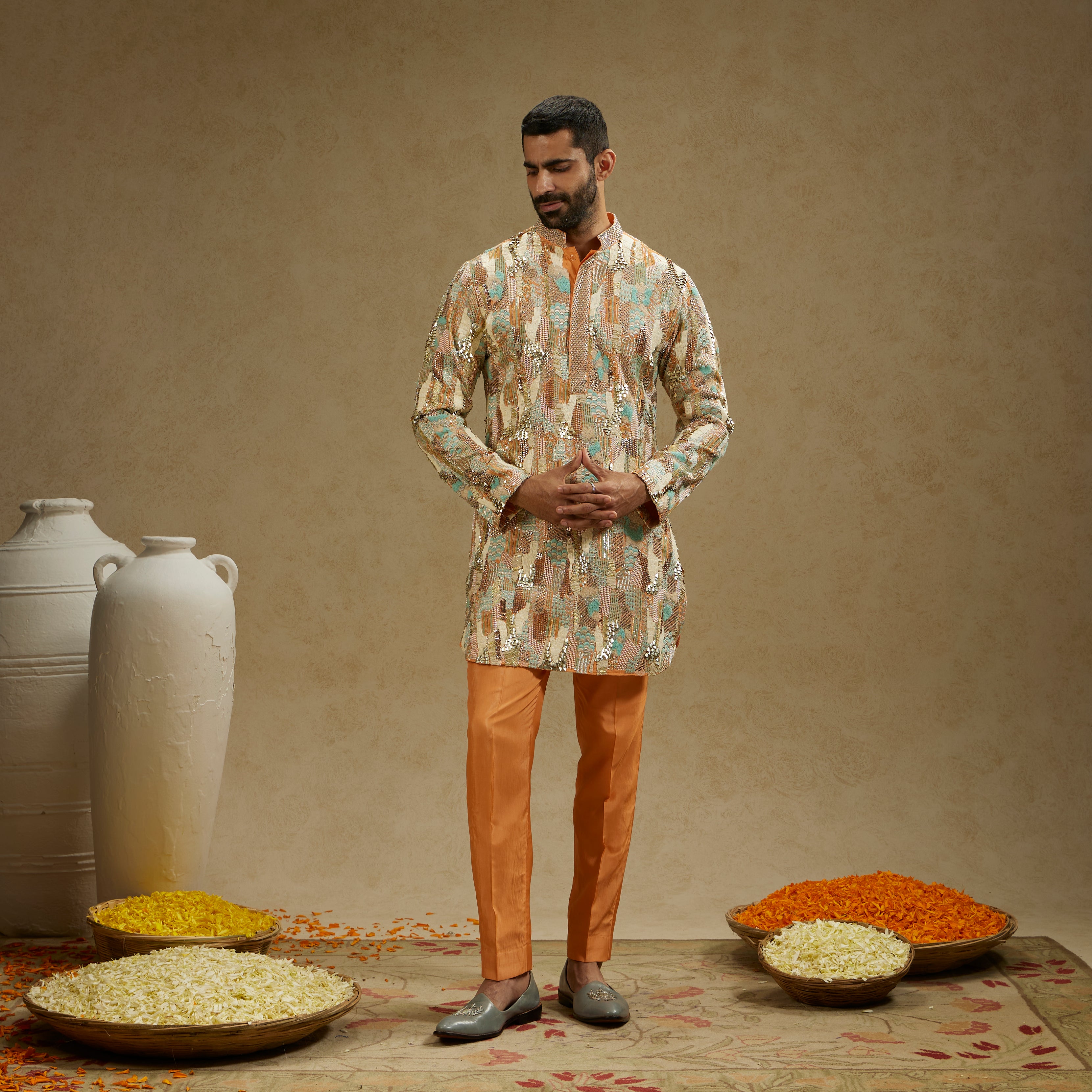 Orange Embellished Kurta Set