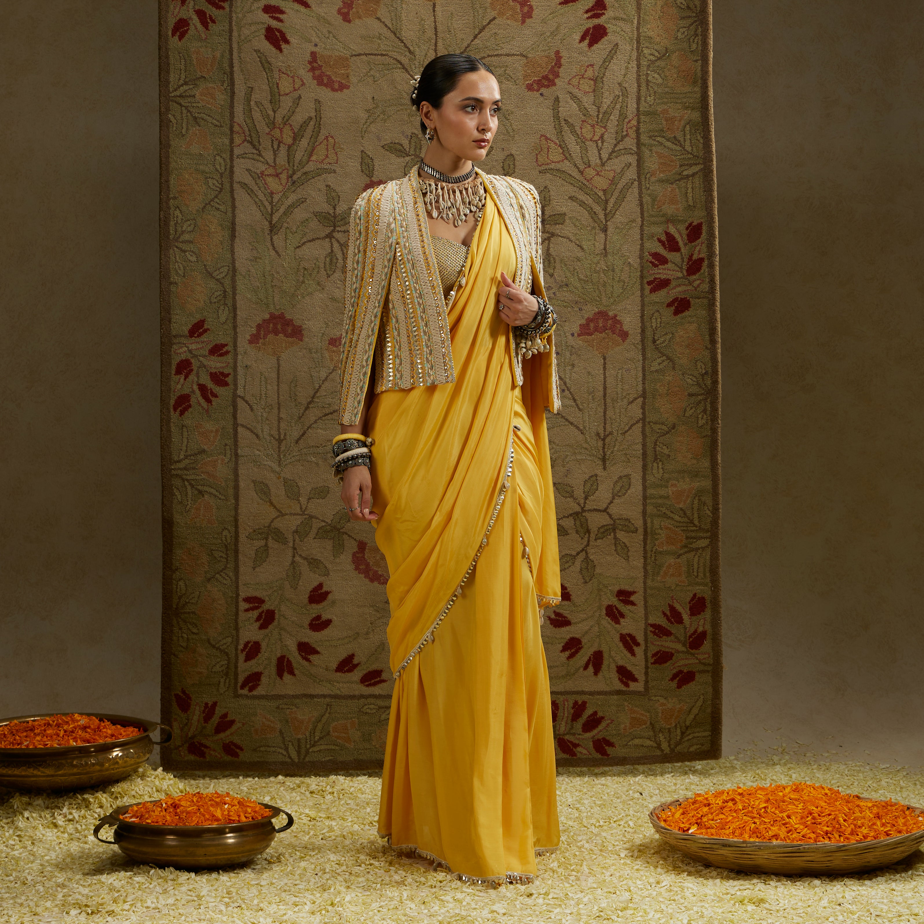 Dandelion Yellow Cascade Saree with Bustier and Embellished Cape Jacket