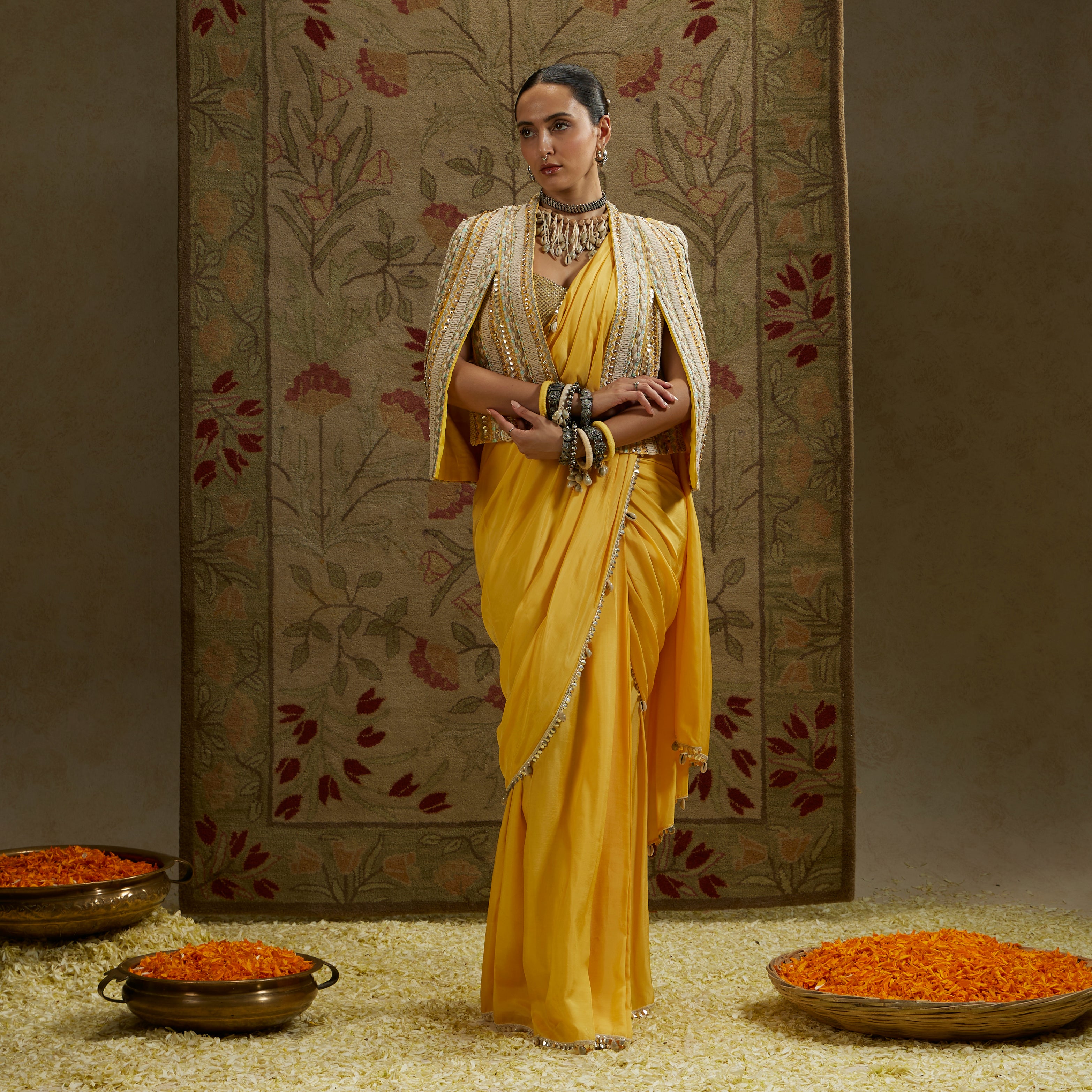 Dandelion Yellow Cascade Saree with Bustier and Embellished Cape Jacket