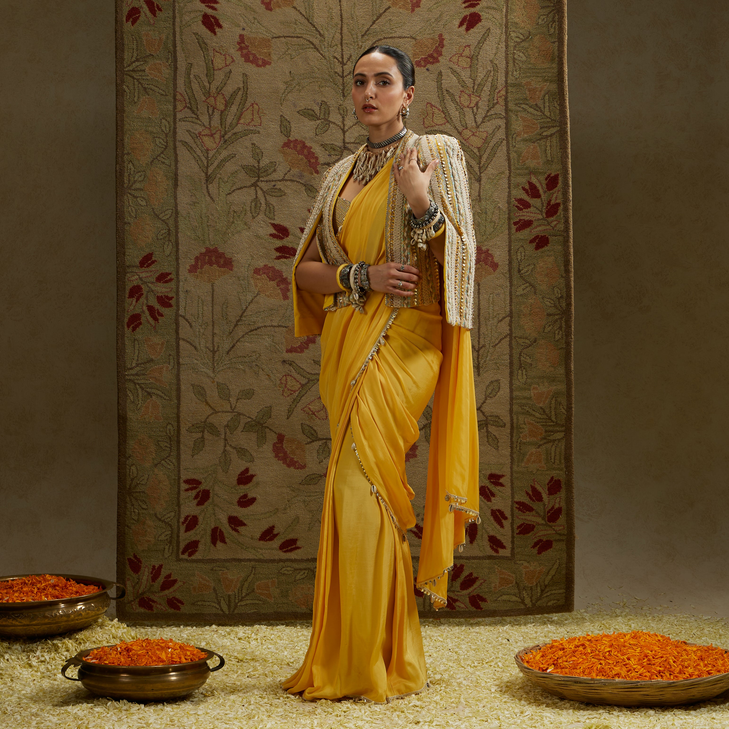 Dandelion Yellow Cascade Saree with Bustier and Embellished Cape Jacket