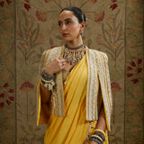 Dandelion Yellow Cascade Saree with Bustier and Embellished Cape Jacket