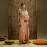 Bustier with Pink Embellished Saree Draped Skirt