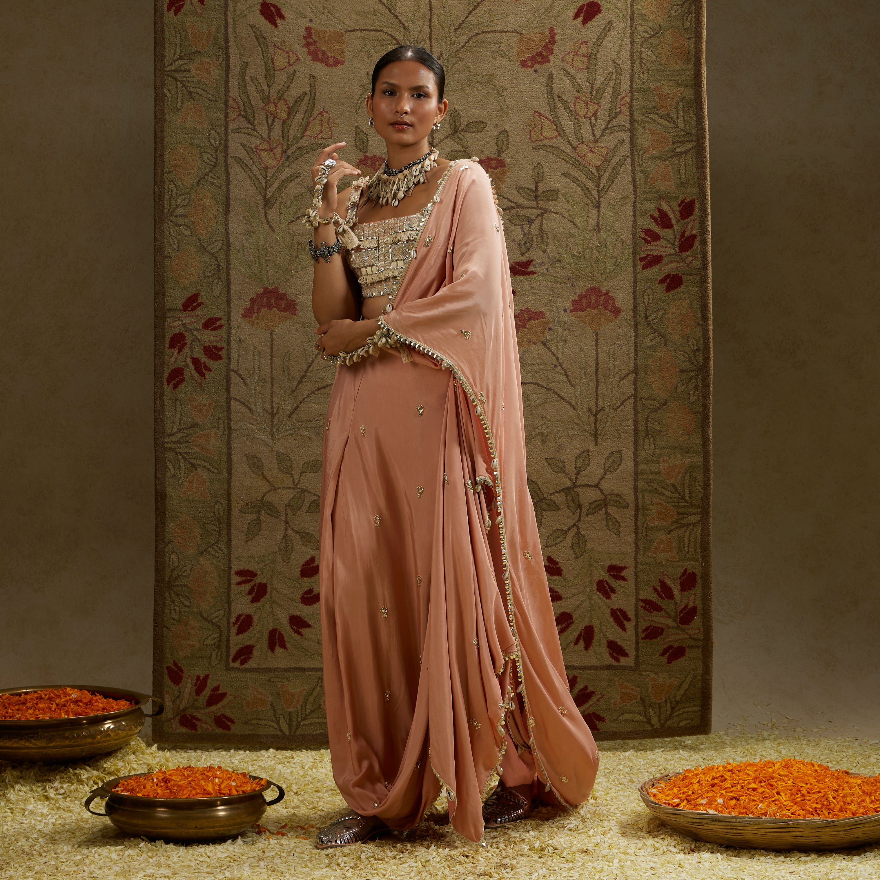 Bustier with Pink Embellished Saree Draped Skirt