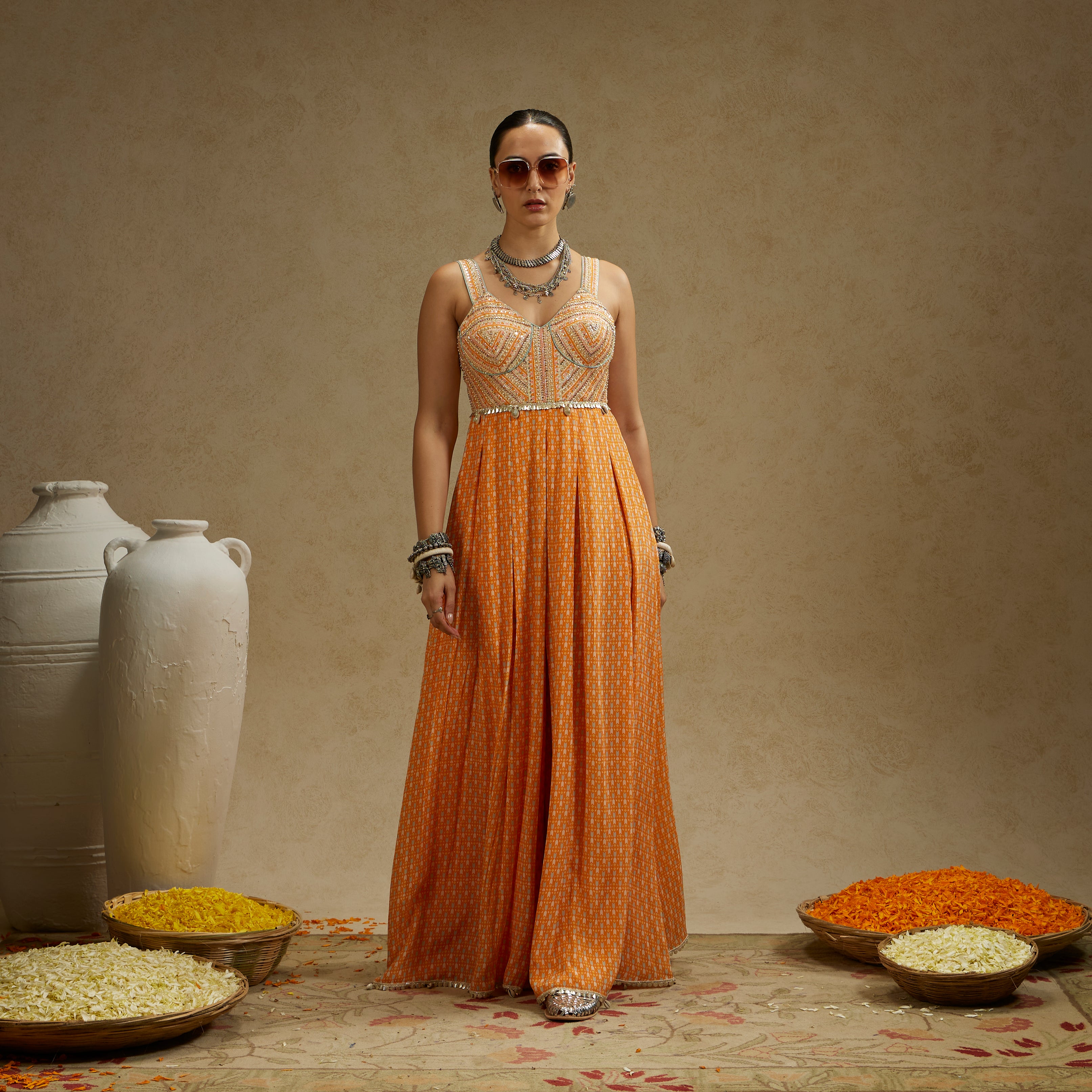 Orange Geo Yoke Embellished Jumpsuit