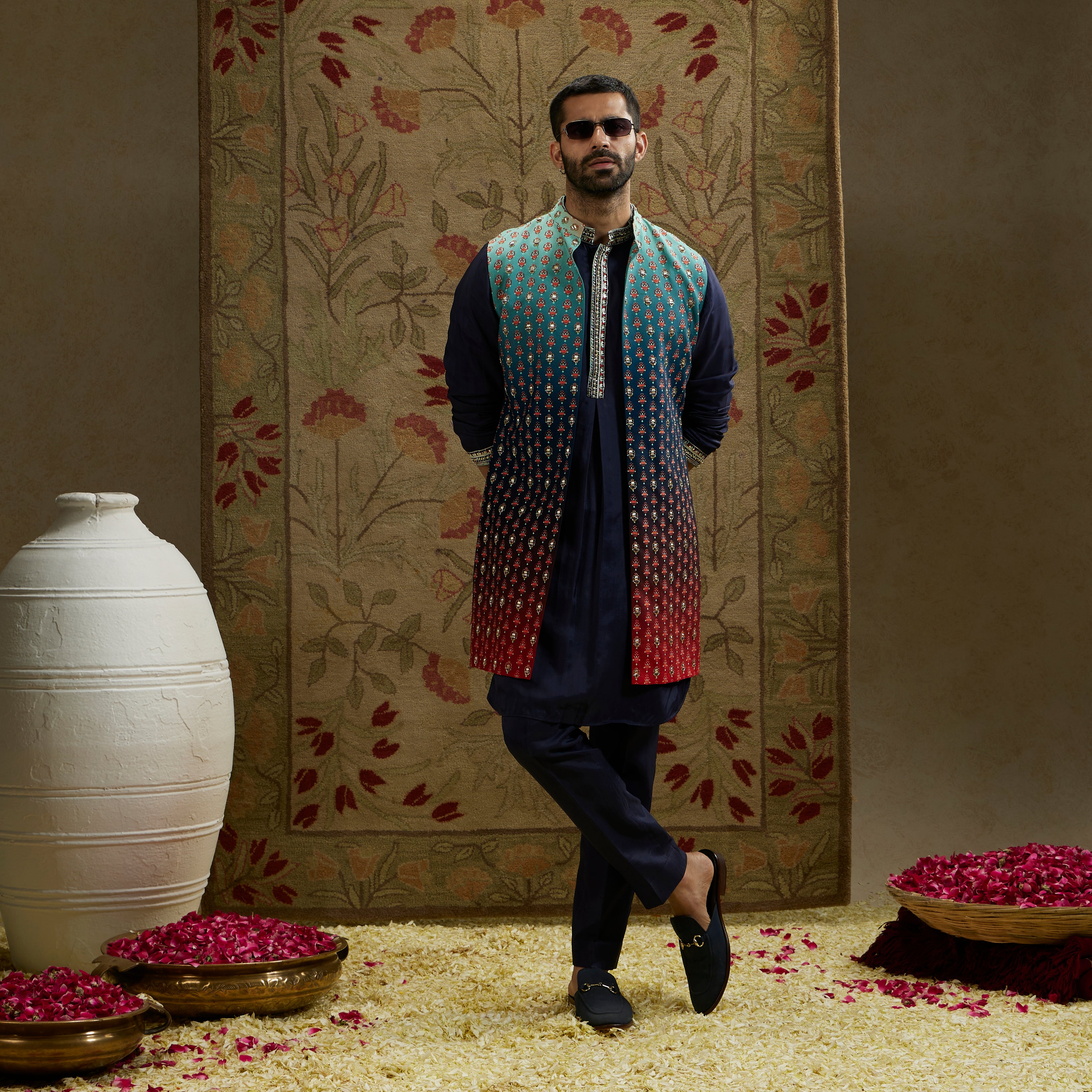 Blue Red Ombre Embroidered Long Bundi