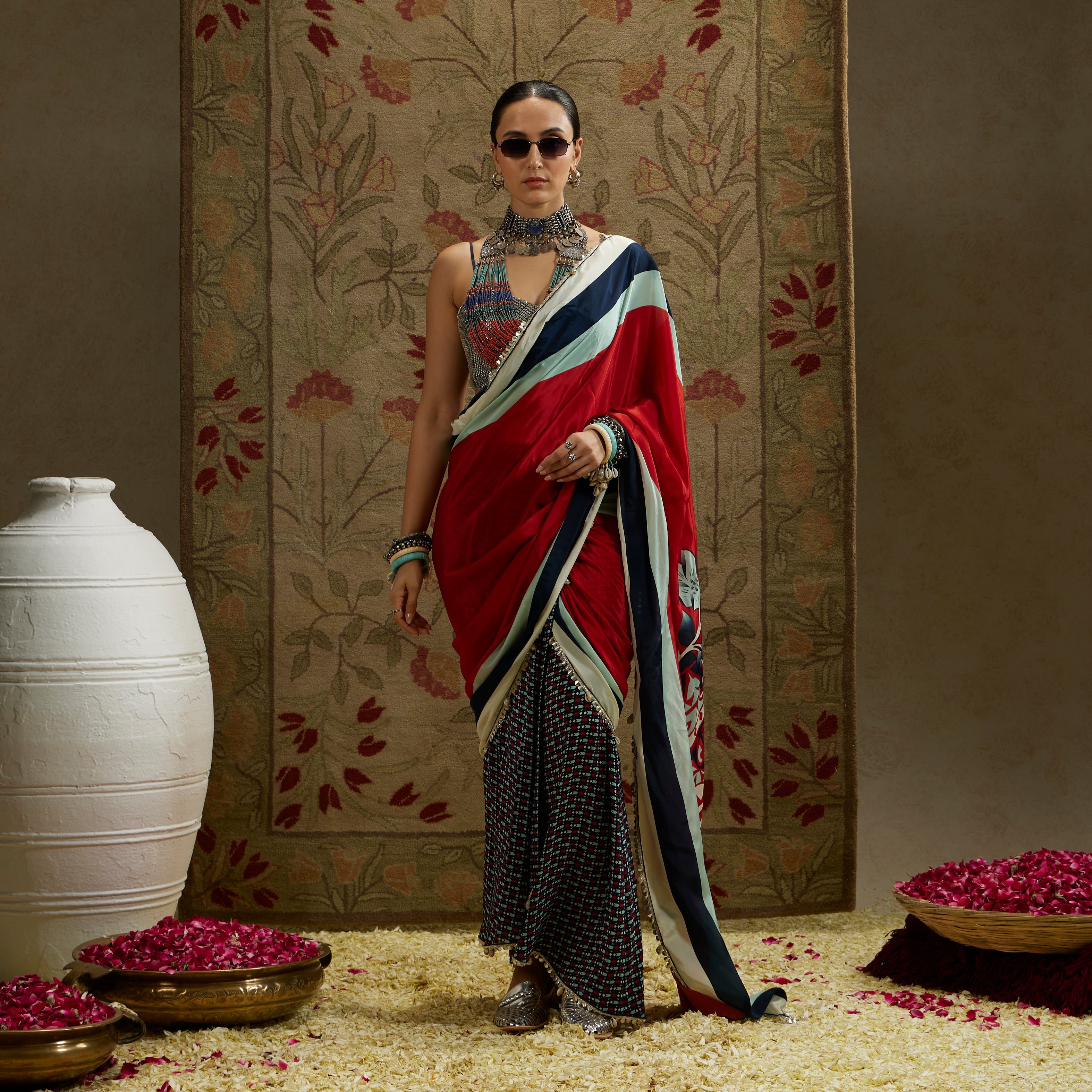 Red Mask Print Cascade Saree with Bustier