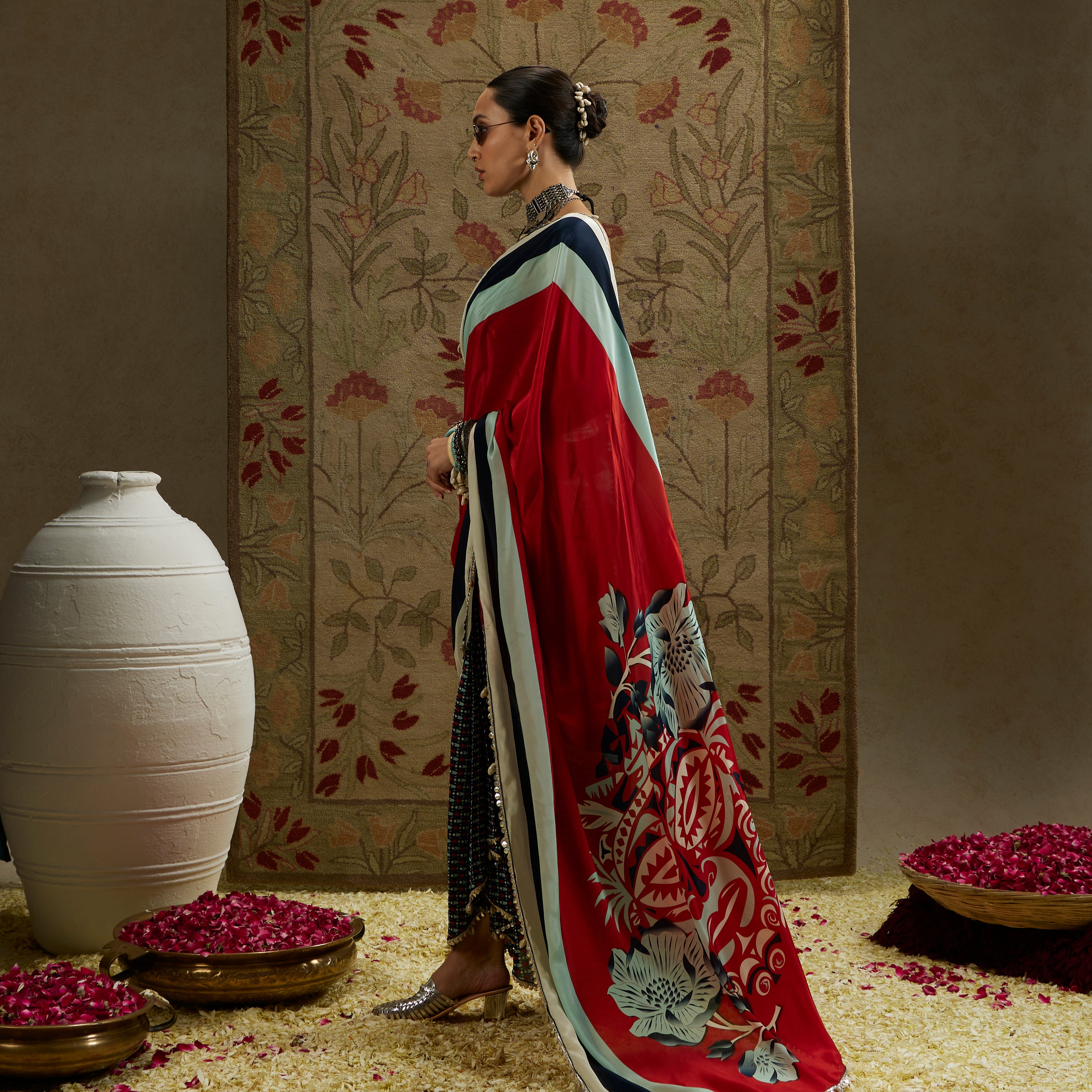 Red Mask Print Cascade Saree with Bustier