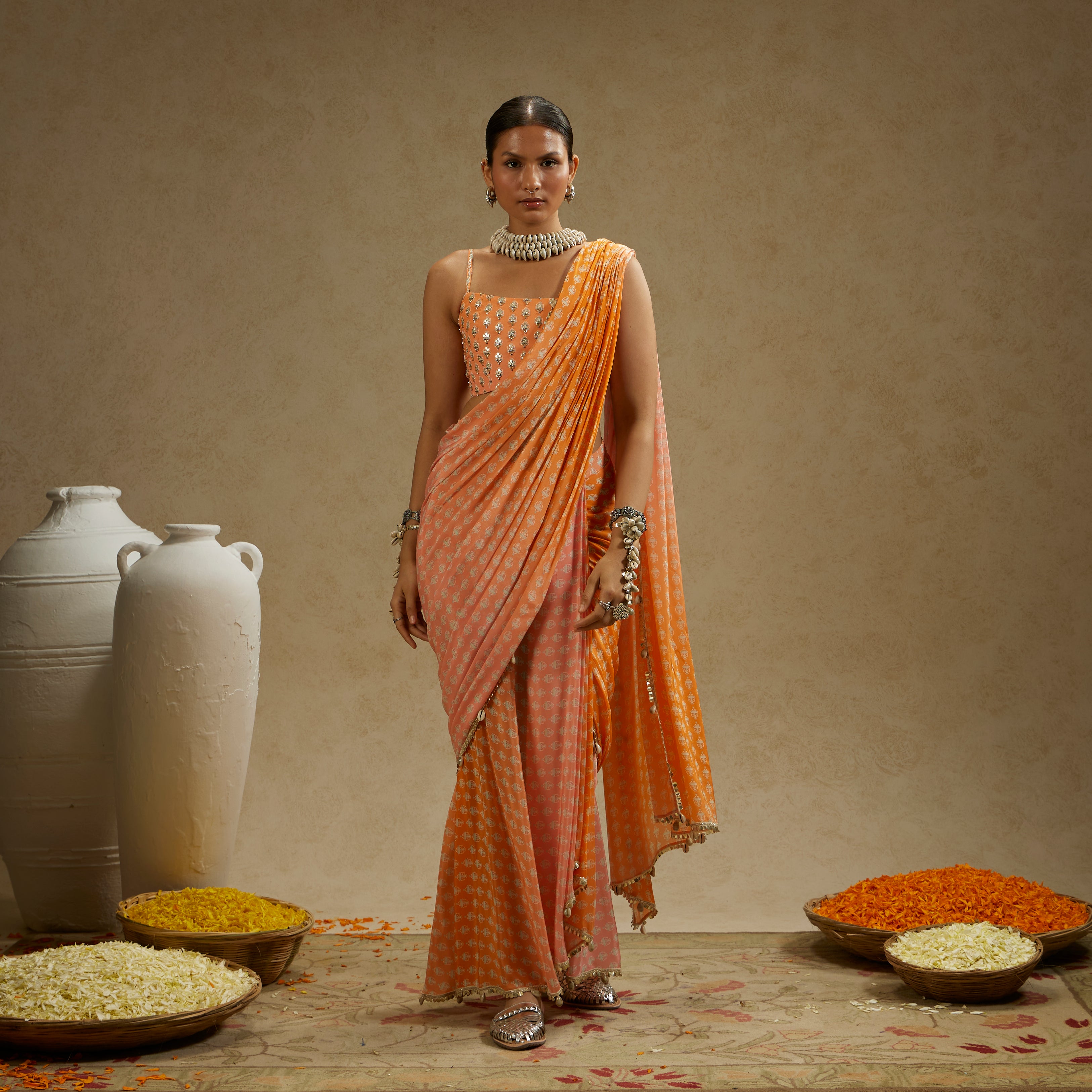 Orange Pink Ombre Print Cascade Saree with Bustier