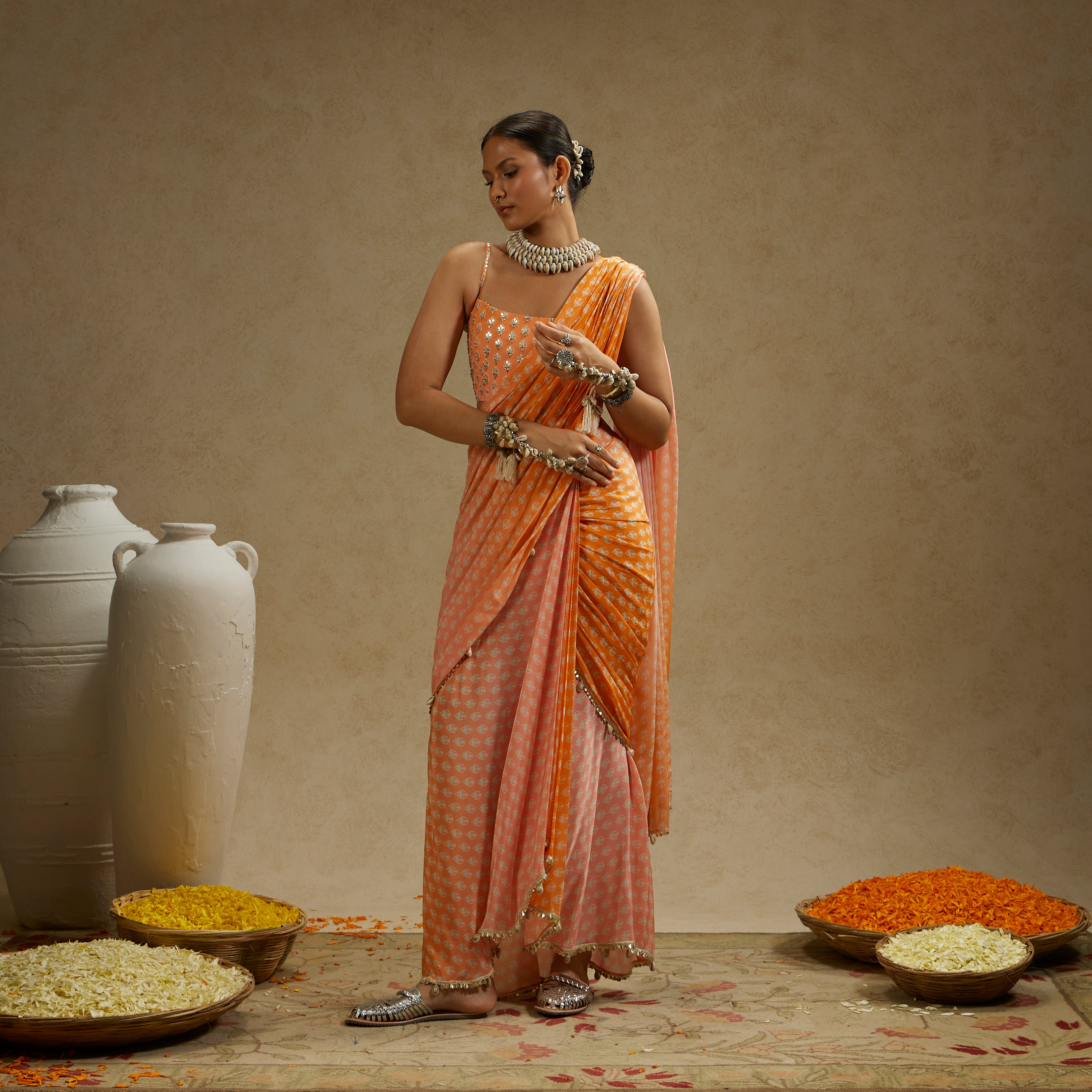 Orange Pink Ombre Print Cascade Saree with Bustier