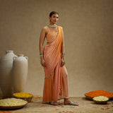 Orange Pink Ombre Print Cascade Saree with Bustier