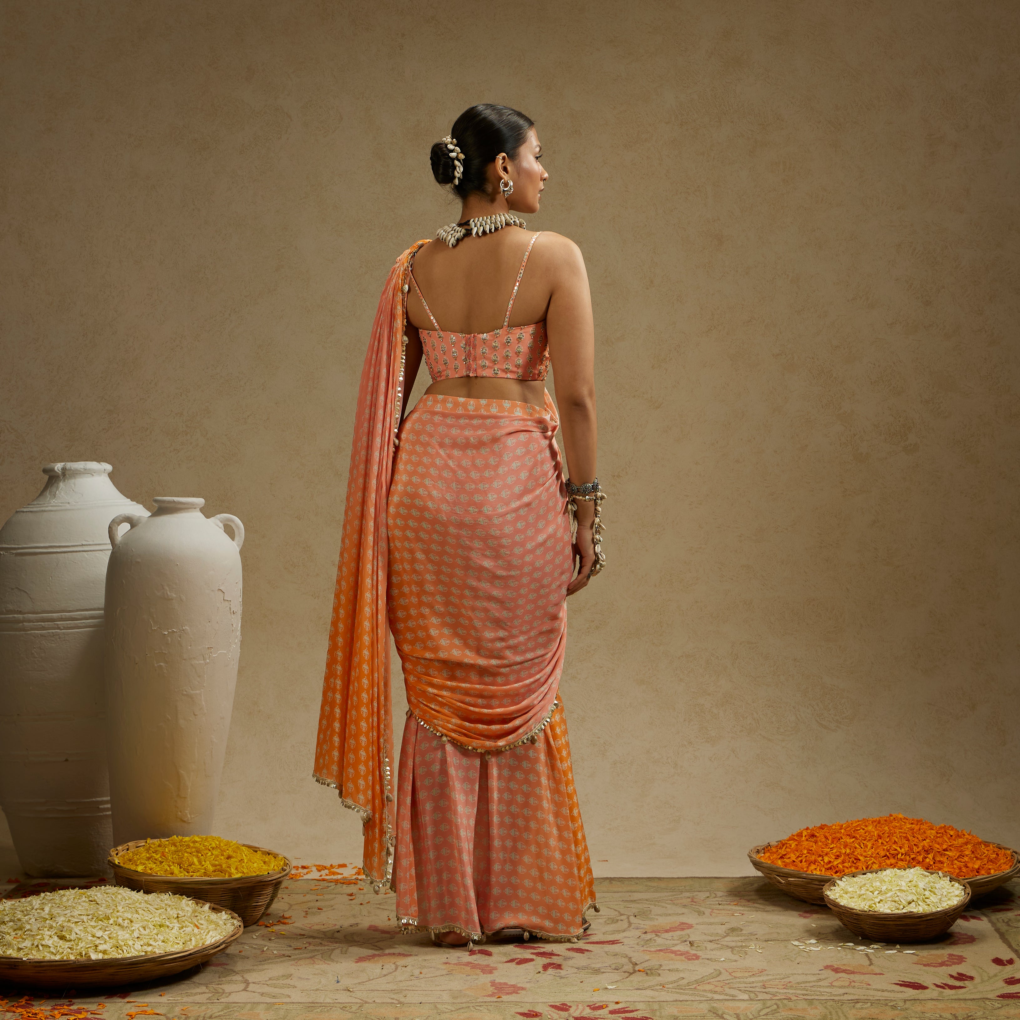 Orange Pink Ombre Print Cascade Saree with Bustier