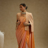 Orange Pink Ombre Print Cascade Saree with Bustier & Noor Jacket