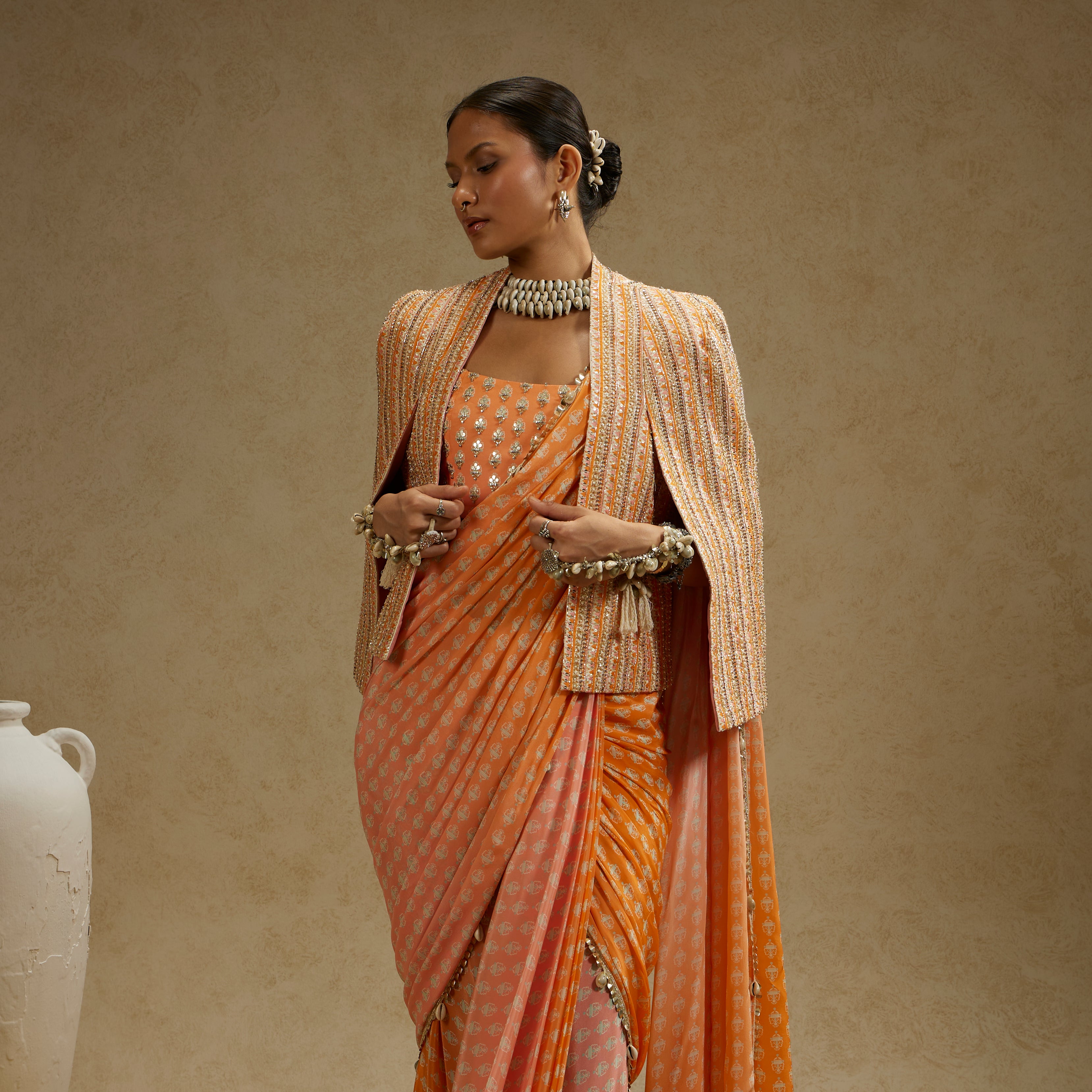 Orange Pink Ombre Print Cascade Saree with Bustier & Noor Jacket