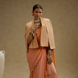 Orange Pink Ombre Print Cascade Saree with Bustier & Noor Jacket