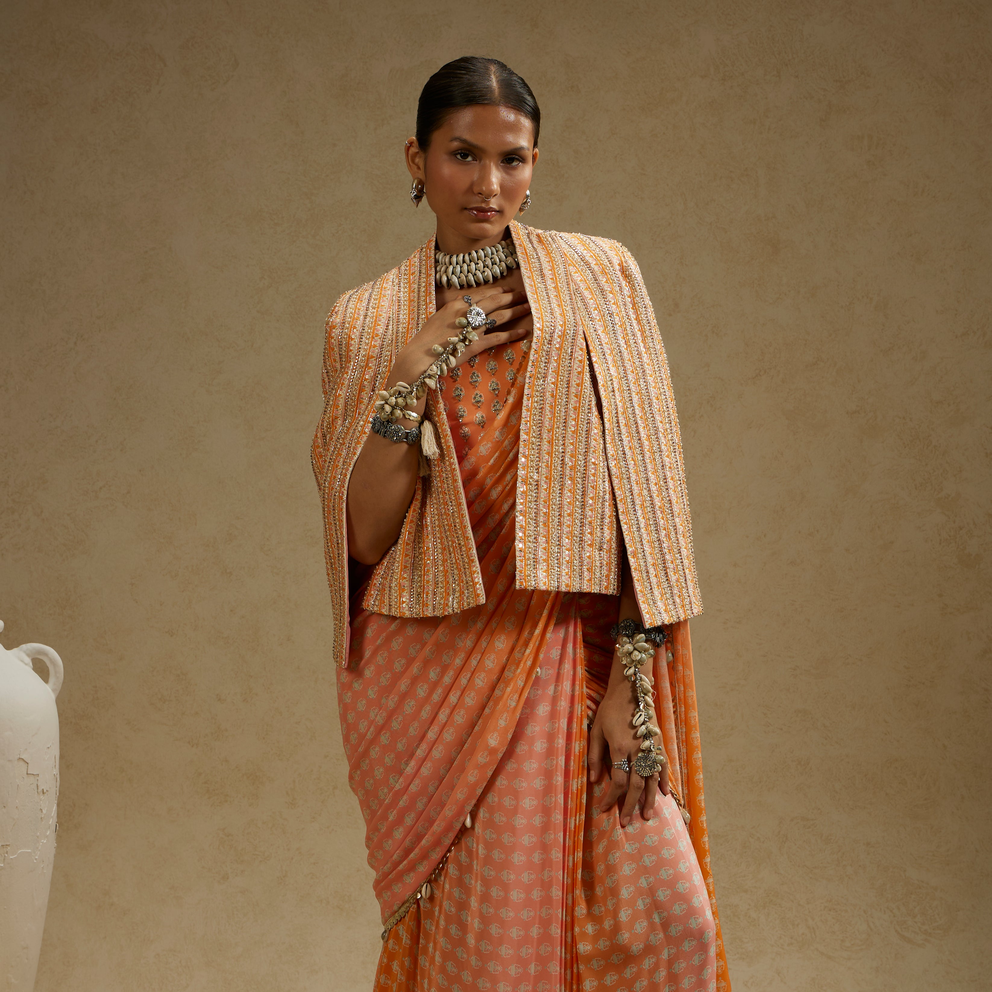 Orange Pink Ombre Print Cascade Saree with Bustier & Noor Jacket