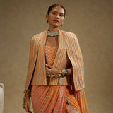 Orange Pink Ombre Print Cascade Saree with Bustier & Noor Jacket