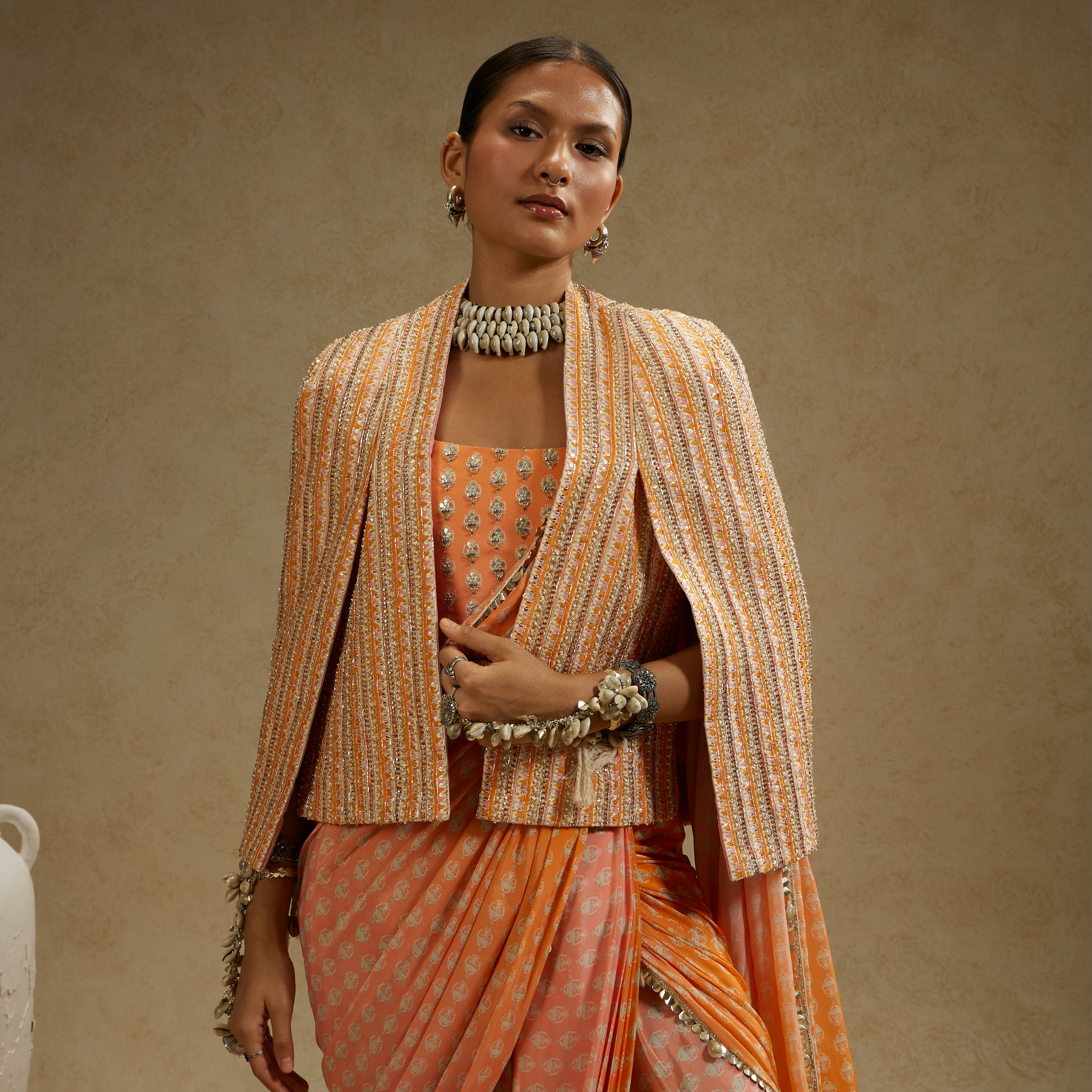 Orange Pink Ombre Print Cascade Saree with Bustier & Noor Jacket