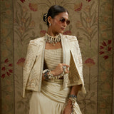 Magnolia Cream Embellished Butta Cape Jacket with Bustier and Slit Skirt