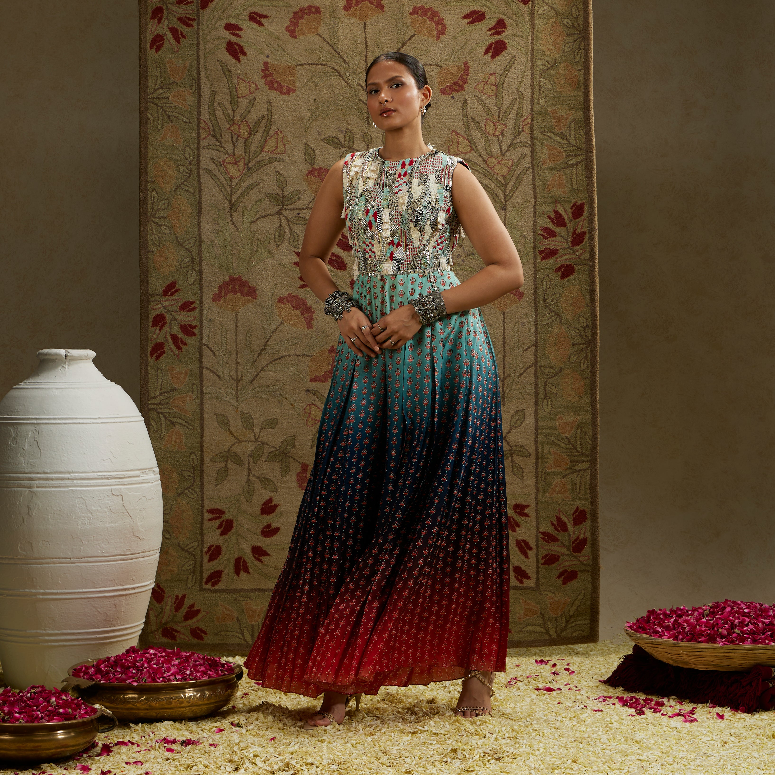 Blue Red Ombre Print Embellished Jumpsuit