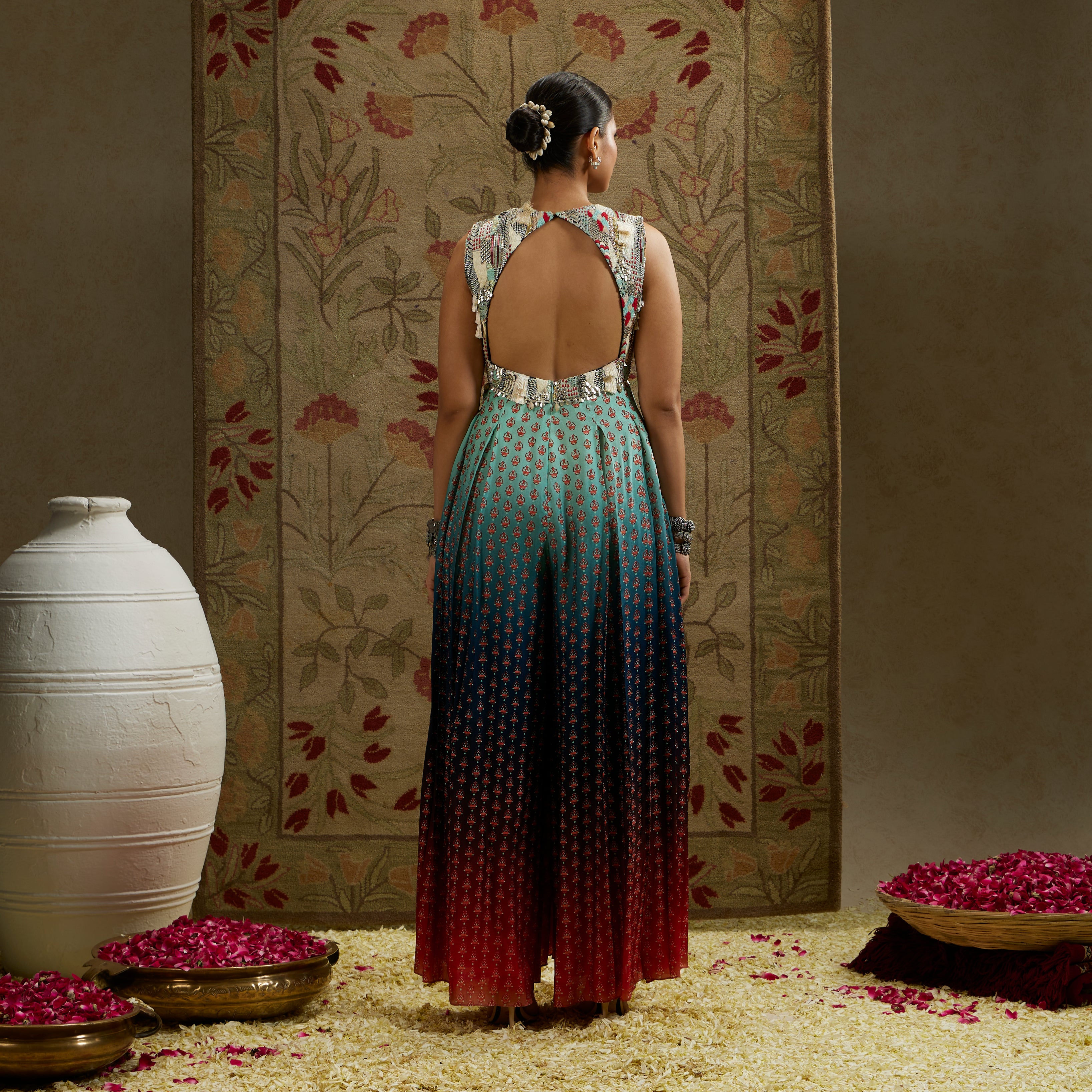 Blue Red Ombre Print Embellished Jumpsuit