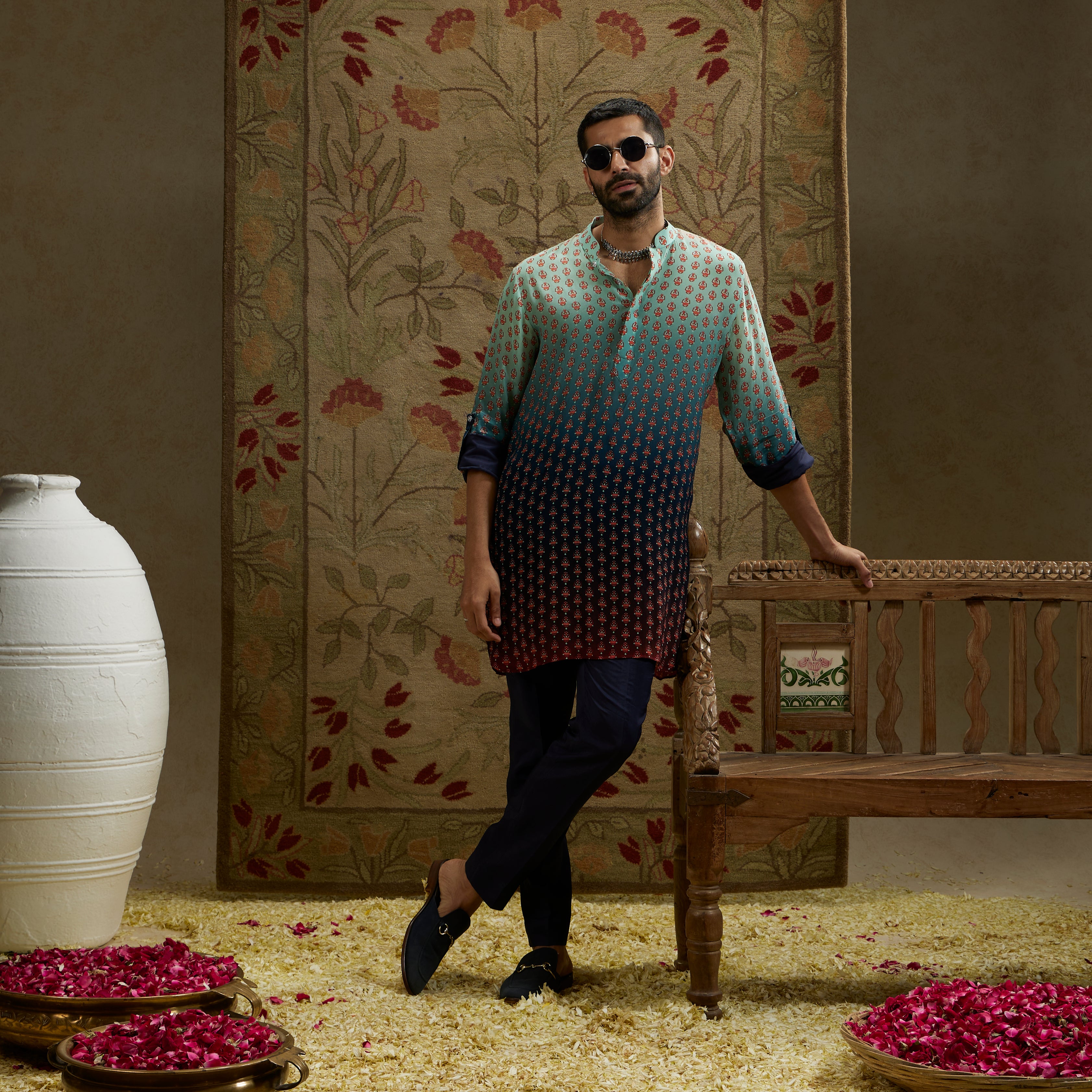 Blue Red Ombre Print Rolled-Up Sleeves
