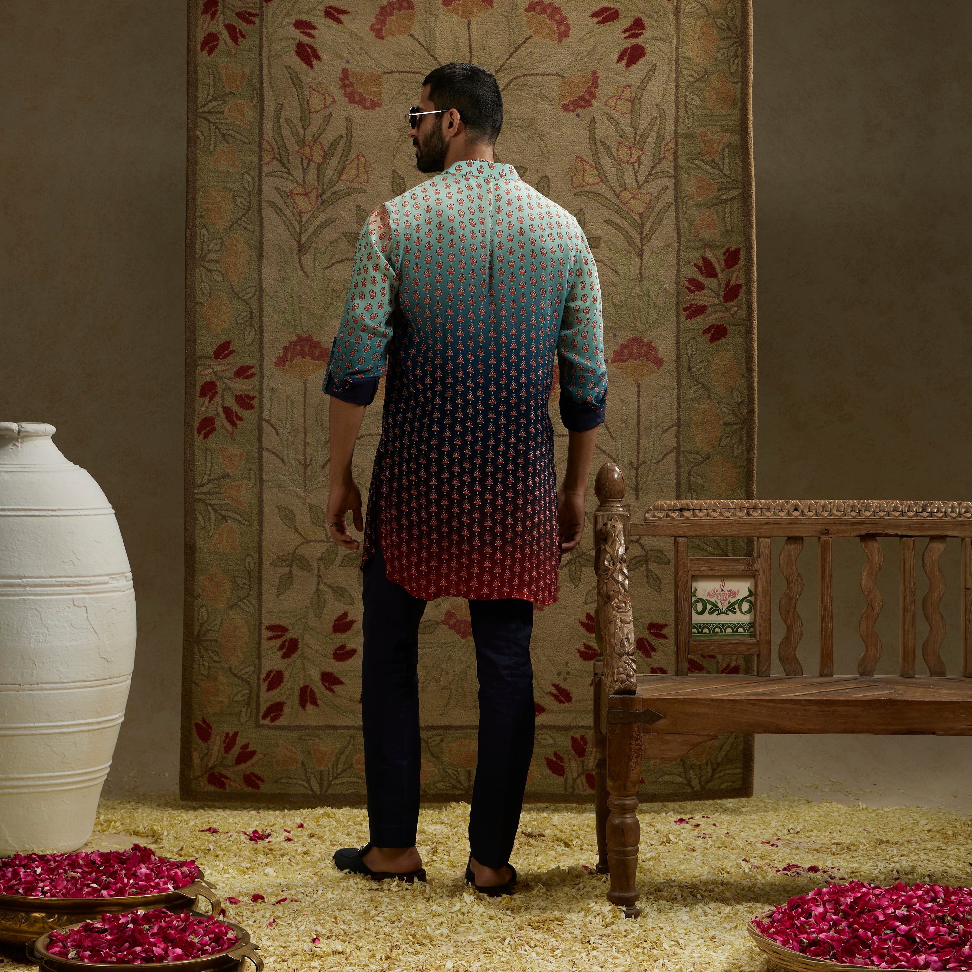 Blue Red Ombre Print Rolled-Up Sleeves