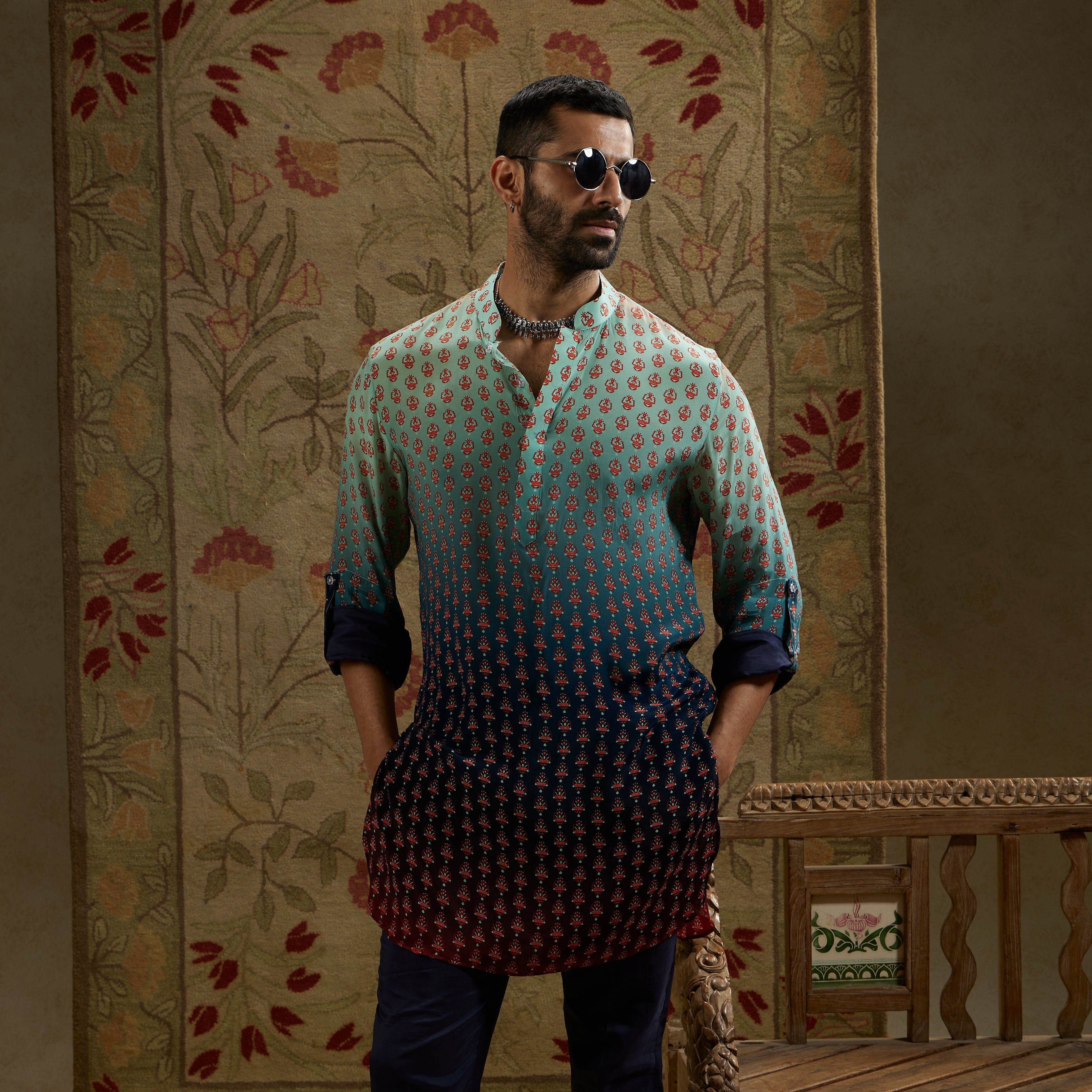 Blue Red Ombre Print Rolled-Up Sleeves