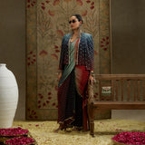 Red Blue Ombre Print Cascade Saree with Bustier and Ombre Cape Jacket