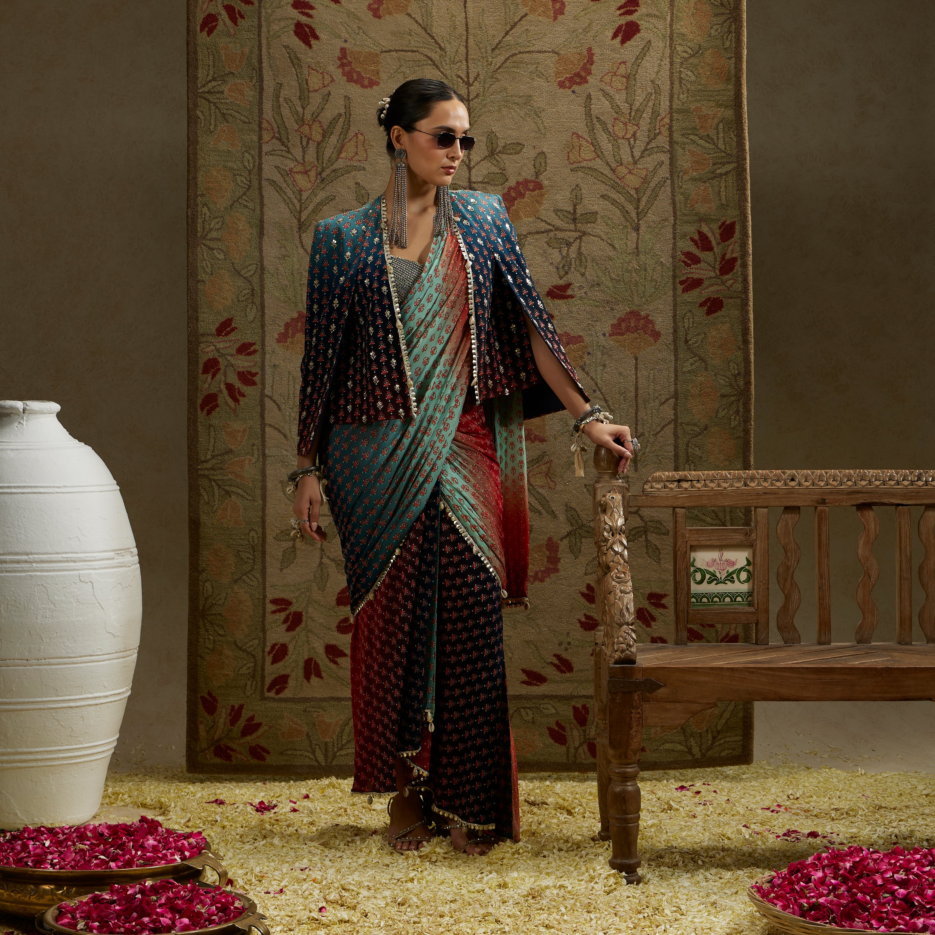 Red Blue Ombre Print Cascade Saree with Bustier and Ombre Cape Jacket