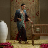 Red Blue Ombre Print Cascade Saree with Bustier and Ombre Cape Jacket