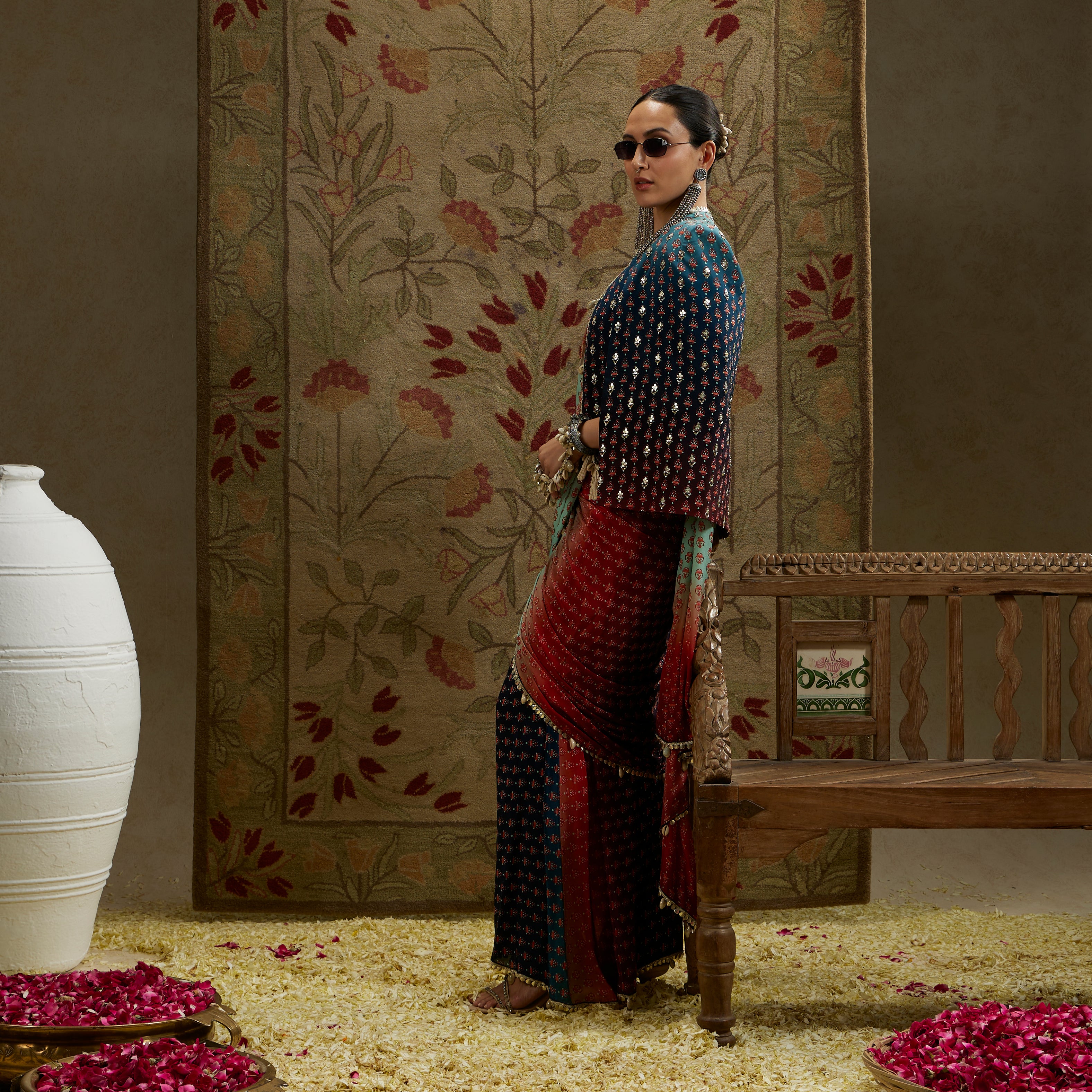 Red Blue Ombre Print Cascade Saree with Bustier and Ombre Cape Jacket