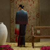 Red Blue Ombre Print Cascade Saree with Bustier and Ombre Cape Jacket