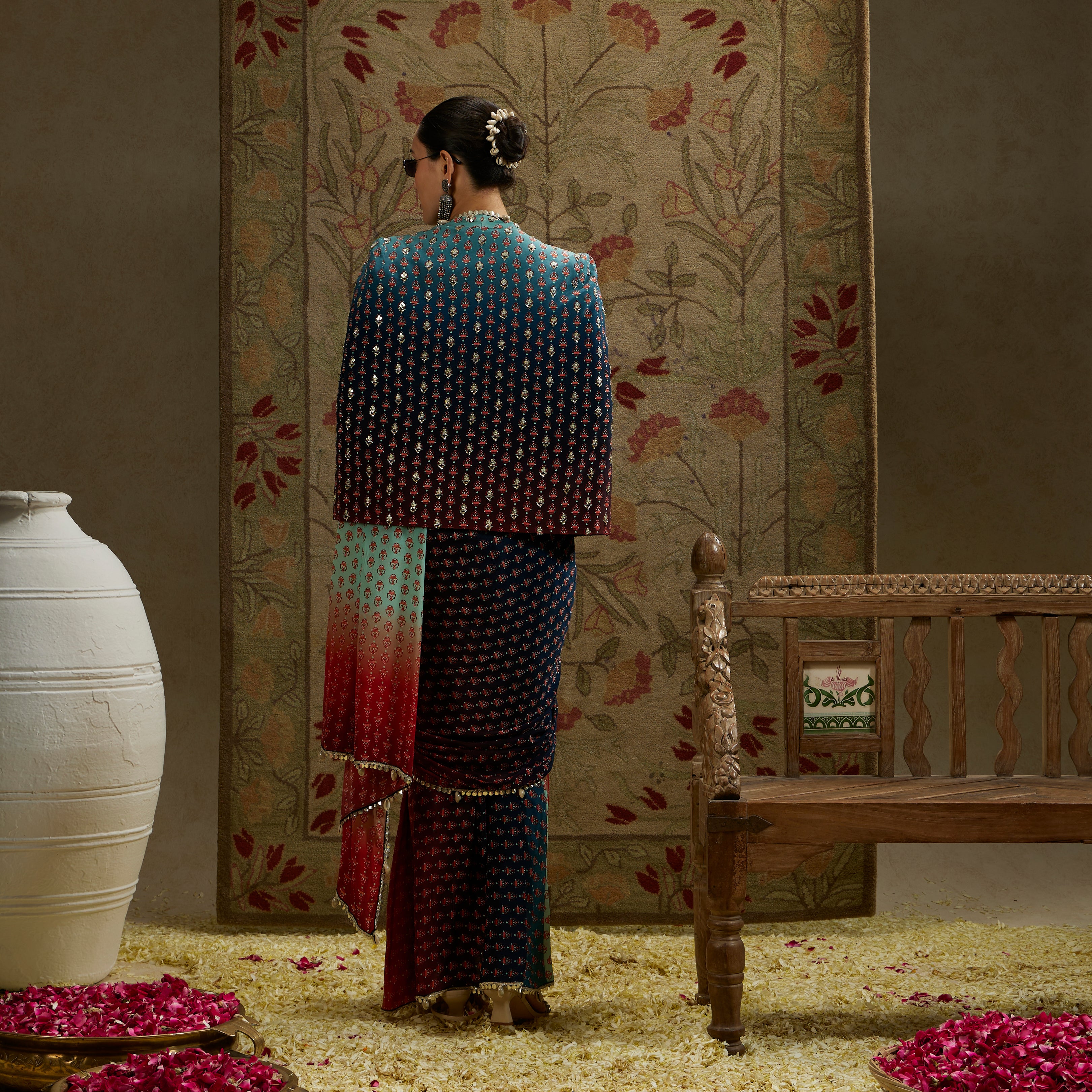 Red Blue Ombre Print Cascade Saree with Bustier and Ombre Cape Jacket
