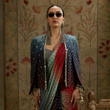 Red Blue Ombre Print Cascade Saree with Bustier and Ombre Cape Jacket