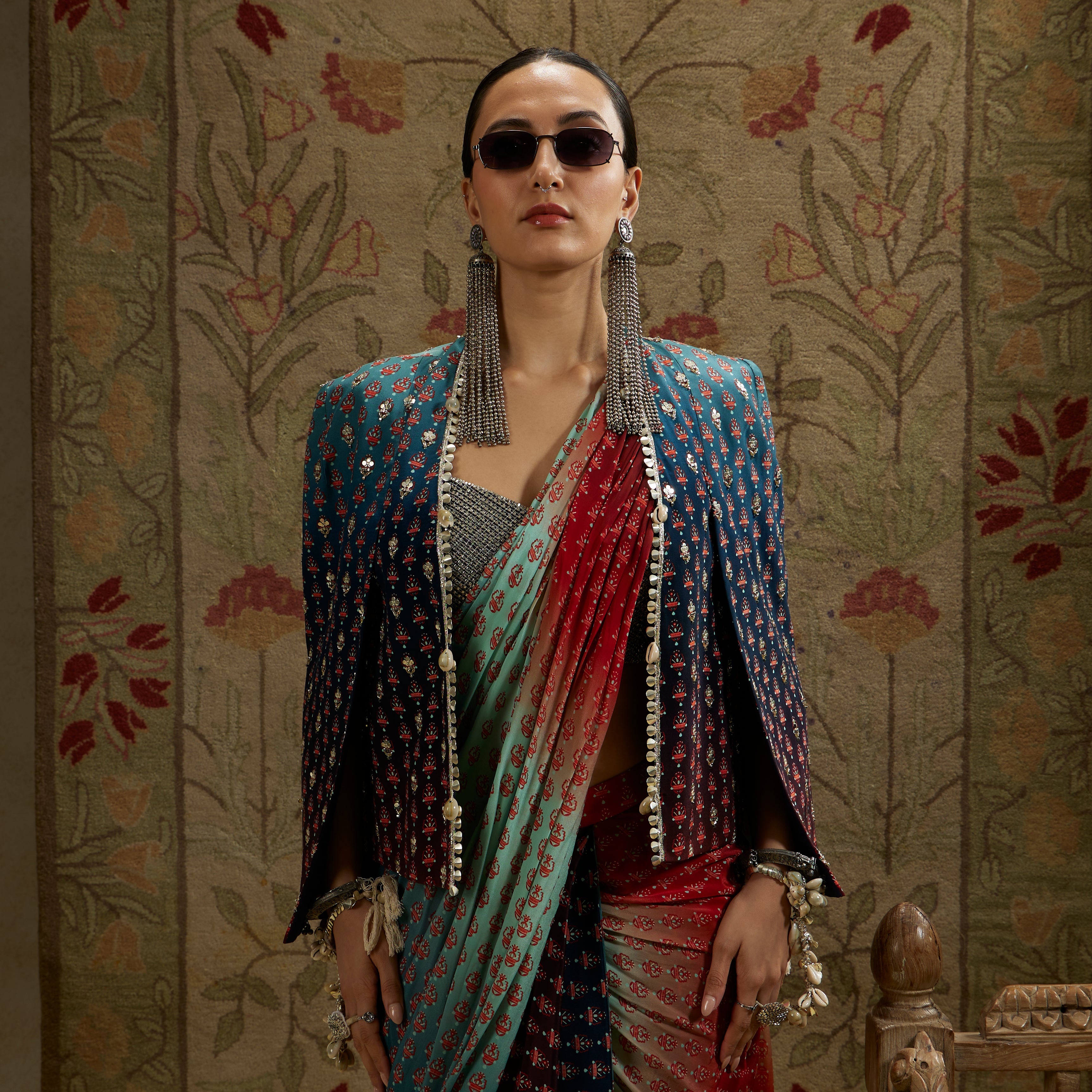 Red Blue Ombre Print Cascade Saree with Bustier and Ombre Cape Jacket