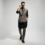 ZENTANGLE PRINT BUNDI PAIRED WITH BLACK EMBROIDERED KURTA PATTI AND PRINTED PANTS