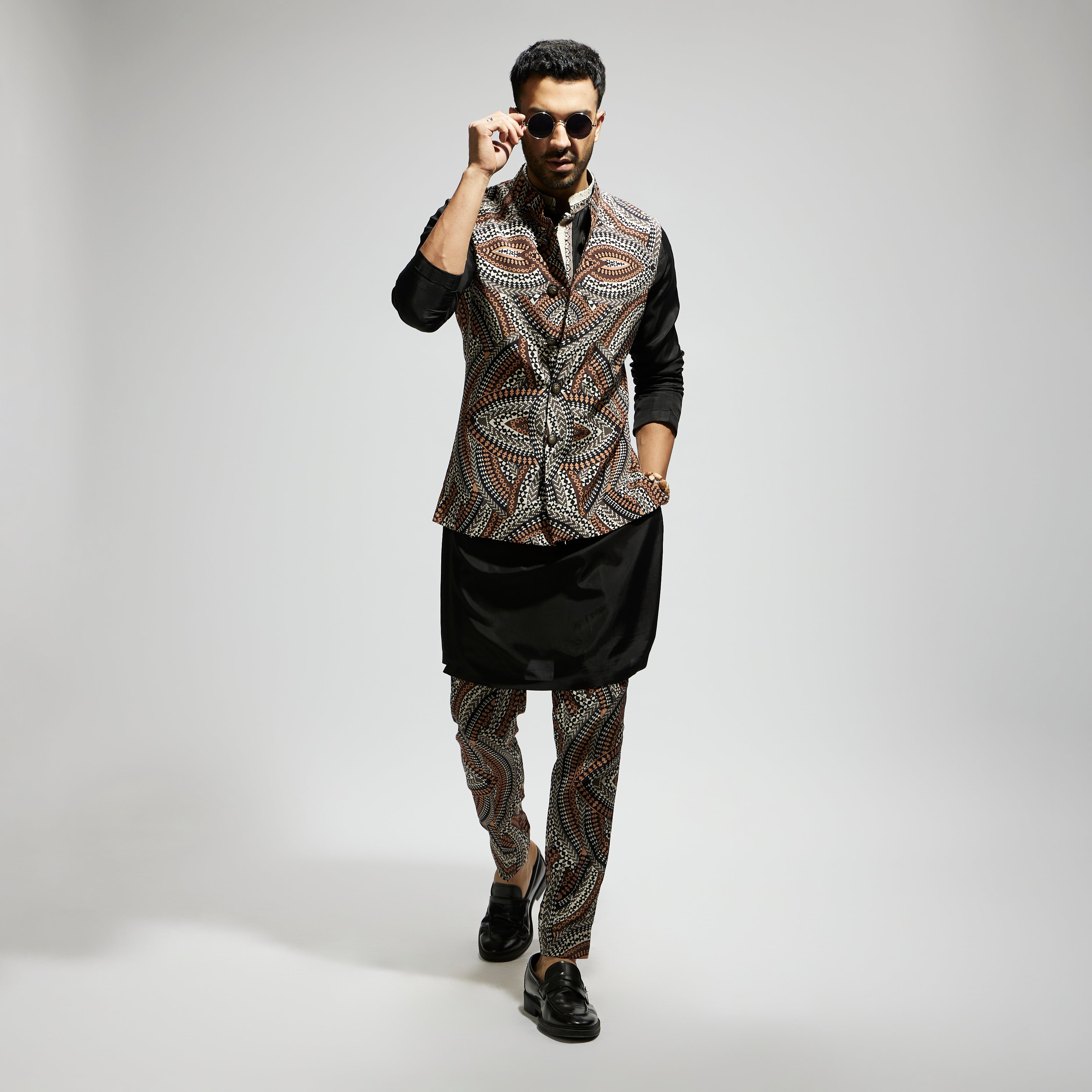 ZENTANGLE PRINT BUNDI PAIRED WITH BLACK EMBROIDERED KURTA PATTI AND PRINTED PANTS