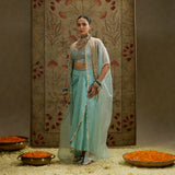 Teal Blue Thread Tassel Cape with Bustier and Drape Skirt
