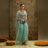 Teal Blue Thread Tassel Cape with Bustier and Drape Skirt