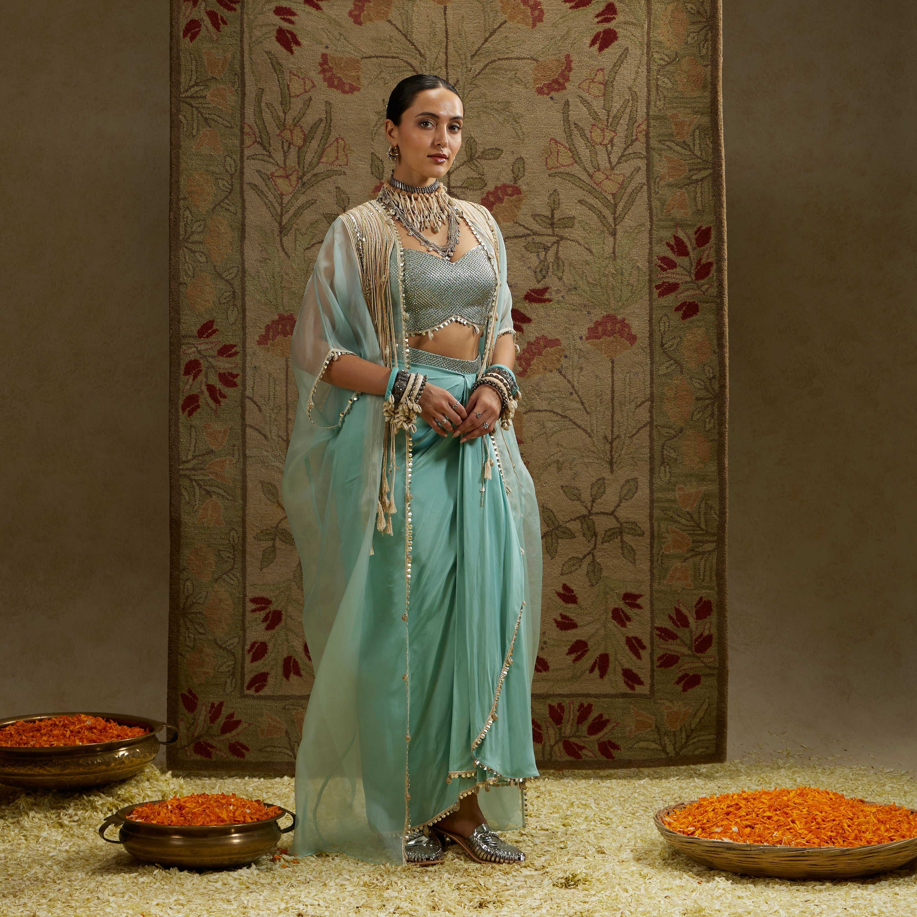 Teal Blue Thread Tassel Cape with Bustier and Drape Skirt