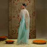 Teal Blue Thread Tassel Cape with Bustier and Drape Skirt