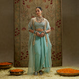 Teal Blue Thread Tassel Cape with Bustier and Drape Skirt
