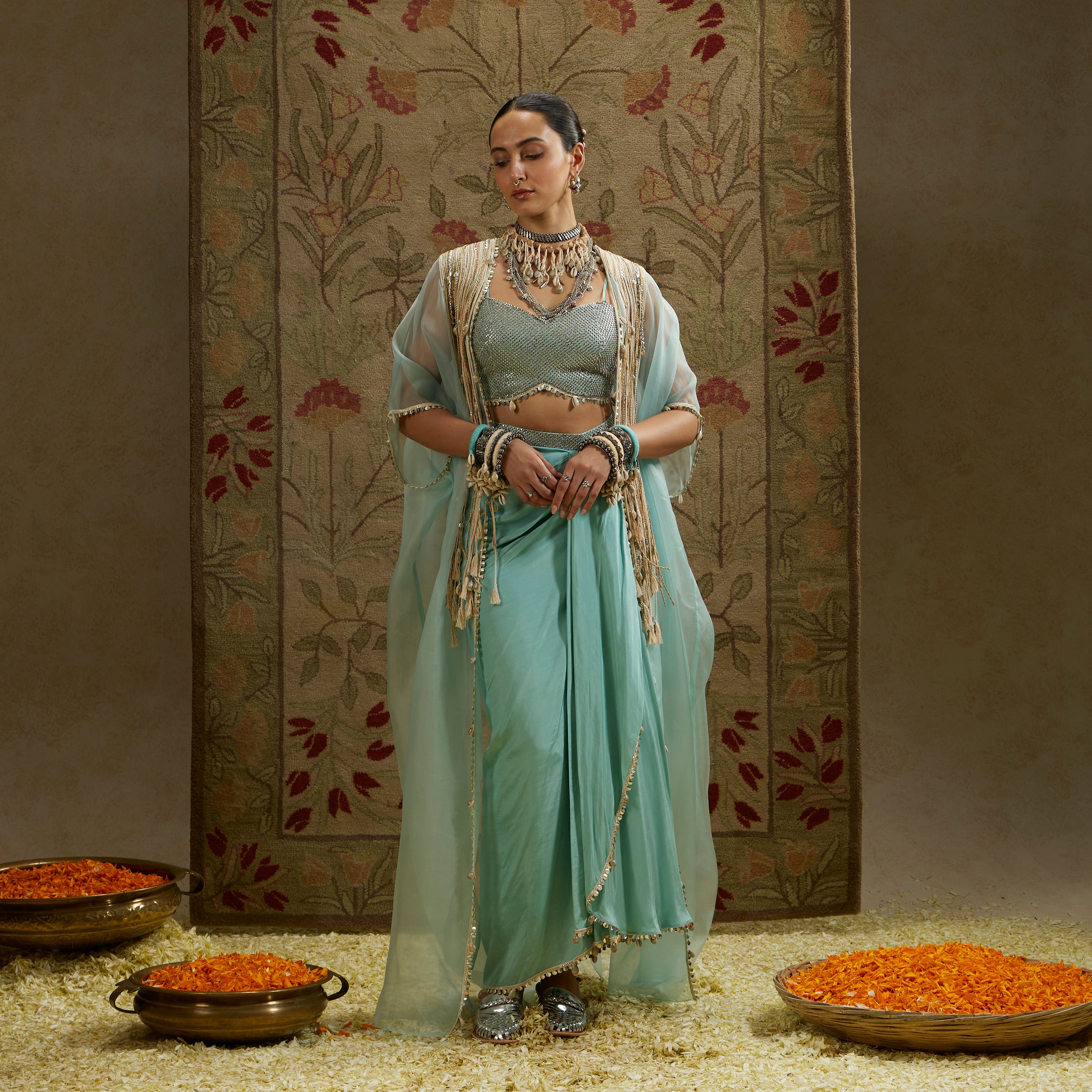 Teal Blue Thread Tassel Cape with Bustier and Drape Skirt