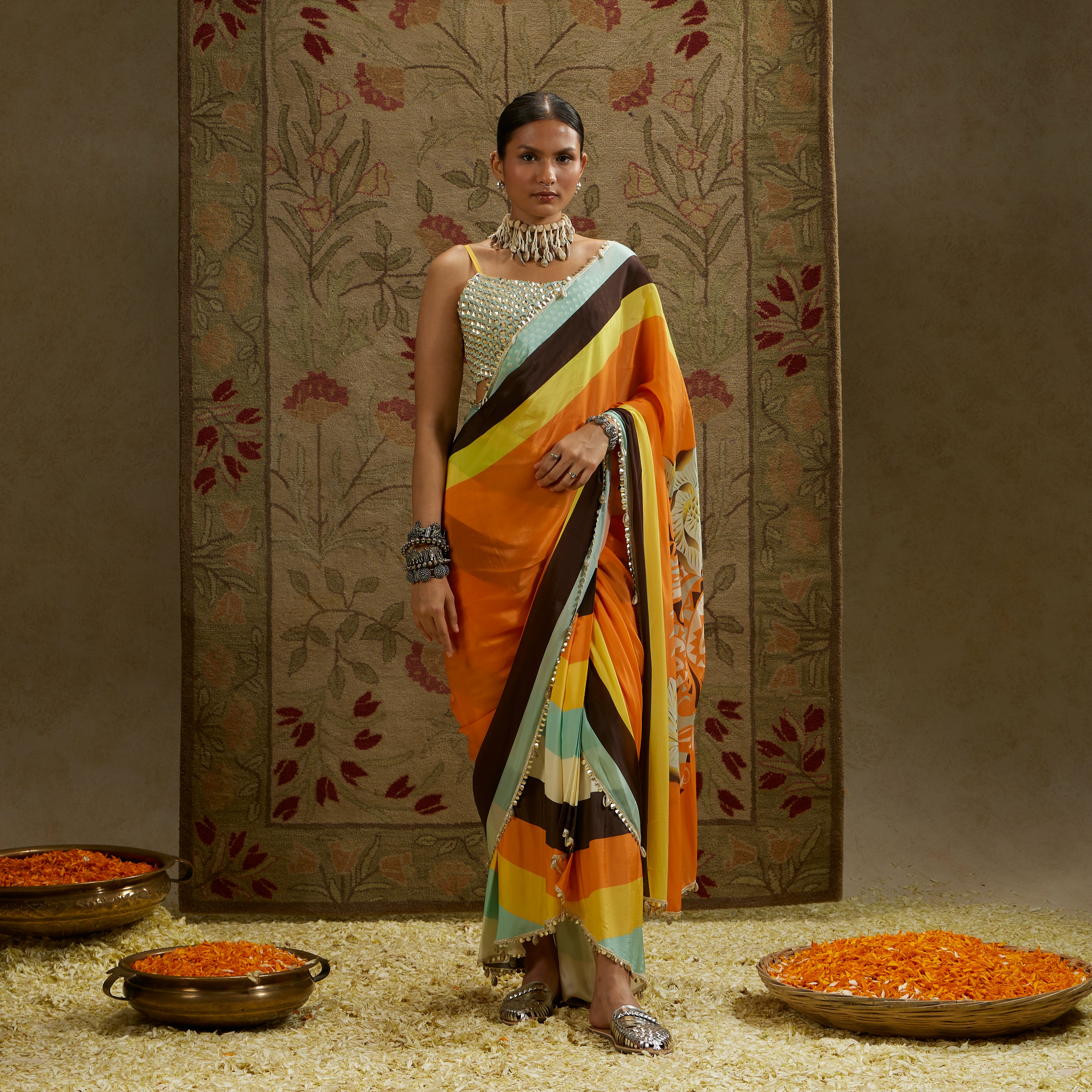 Orange Mask Print Cascade Saree with Bustier