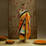 Orange Mask Print Cascade Saree with Bustier