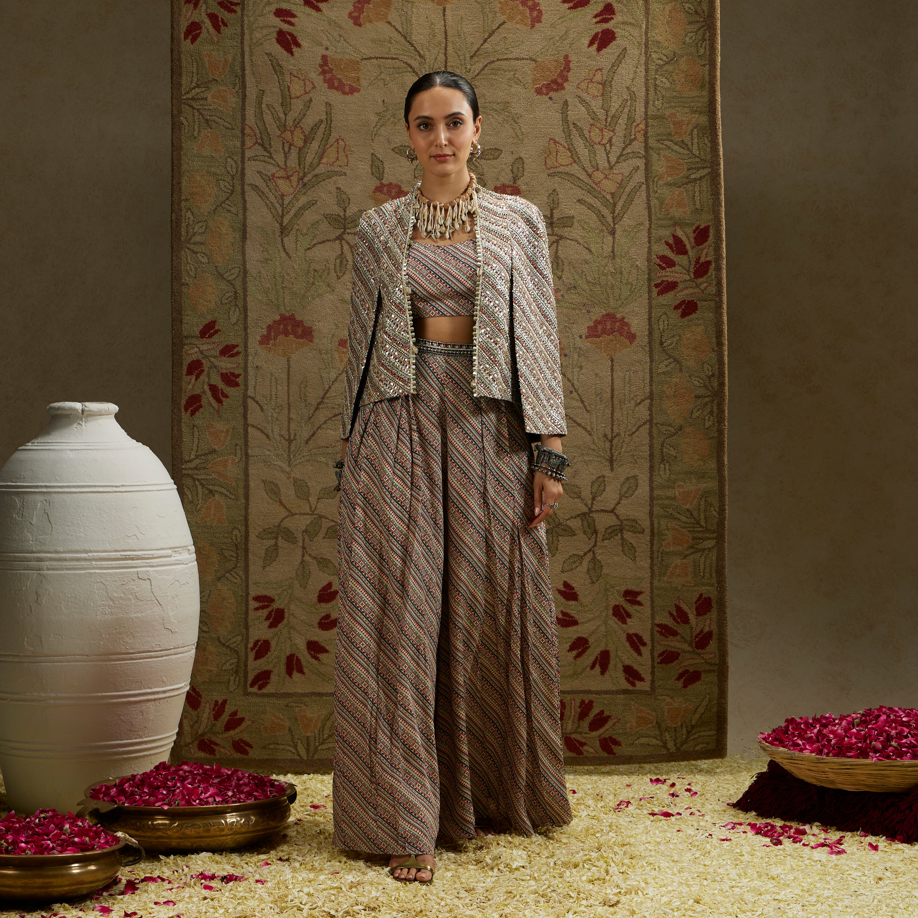 Beige Boho Stripe Noor Jacket Set