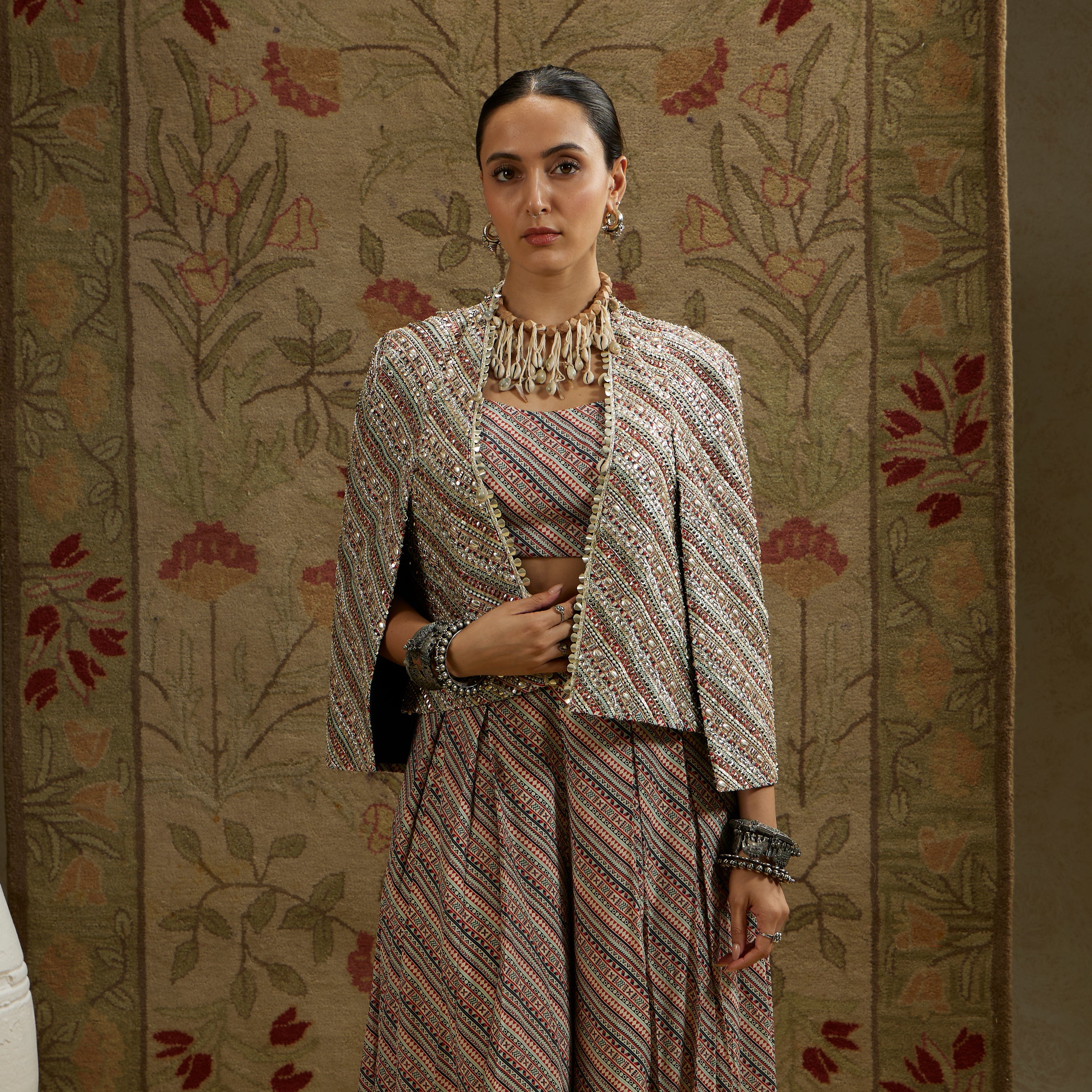 Beige Boho Stripe Noor Jacket Set