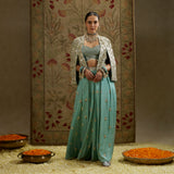 Metallic Cape Jacket with Bustier and Pleated Pants