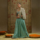 Metallic Cape Jacket with Bustier and Pleated Pants